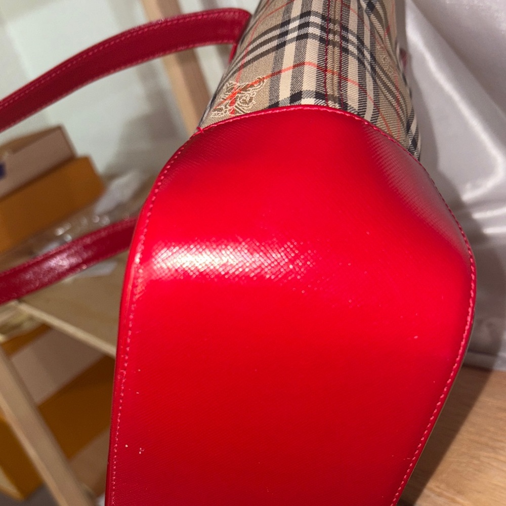 Burberry Plaid Canvas Tote with Red Leather Trim vintage - Picture 8 of 12